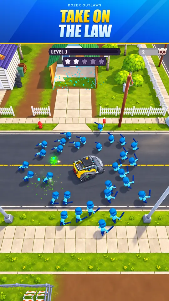 The bulldozer surrounded by a swarm of blue police officers on a road.
