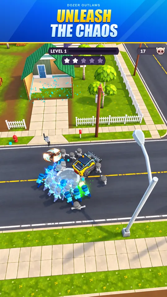 A spinning saw and lightning powerups tearing through a crowd of police around the bulldozer.