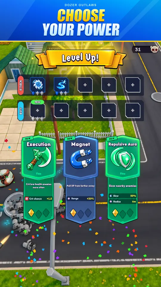 A Level Up screen offering three powerup cards: Execution, Magnet and Repulsive Aura.