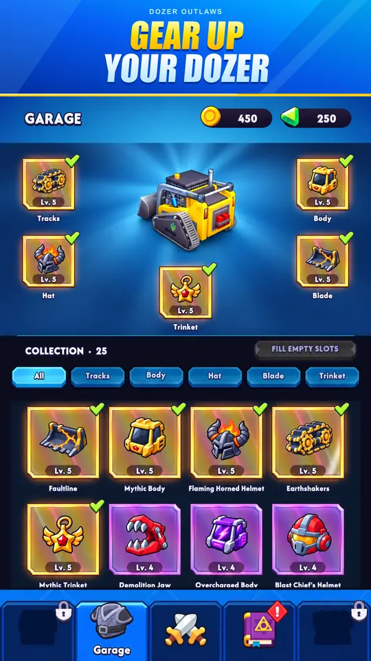 The garage screen with equipped tracks, body, hat, blade and trinket, above a collection of gear.