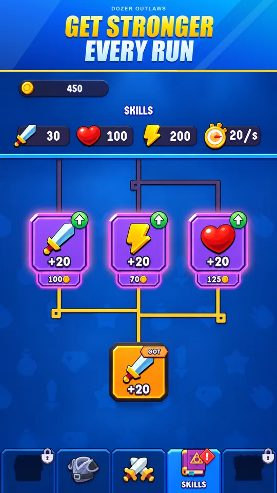 A skill tree with attack, speed and health upgrades bought with coins.